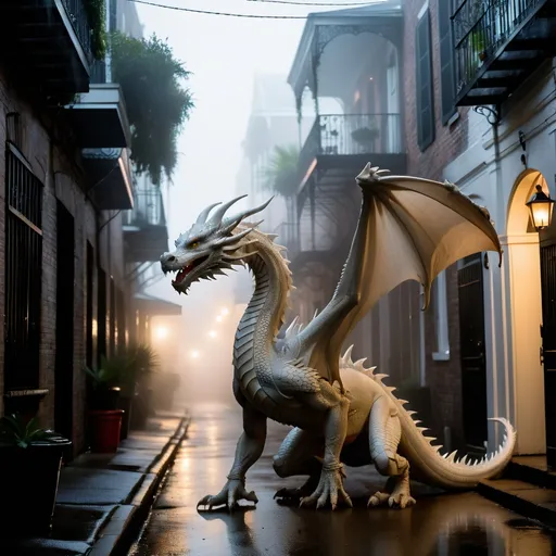 Prompt: White dragon in a foggy New Orleans alley.

night, low light photography, candid photography, not posed, Photoreal, 12k, detailed, soft lighting, depth of field, natural lighting, low saturation, cinematic, film camera, leica