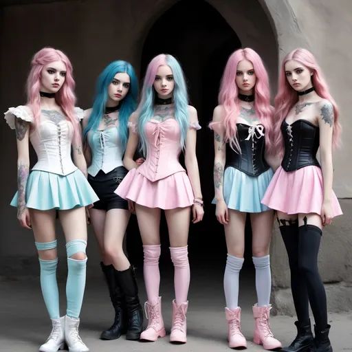 Prompt: Full body, a group of beautiful pastel bubblegum warriors for good, a group of girlfriends in their teens, happily having pastel bubble gum dreams, in a dark European village they stand heroically in contrast to their dark black surroundings, they are dressed in tight pastel bubblegum battle armor, pastel corsets, skin-tight pastel yoga pants, knee-high white combat boots, long messy hair is braided, they are all very slim with a very narrow corset-trained waist, their legs are long and thin, hand tattoos, neck tattoos, thigh tattoos, prepared to save the village with their beautiful ornate swords, they are radiant and exuding bubblegum joy!