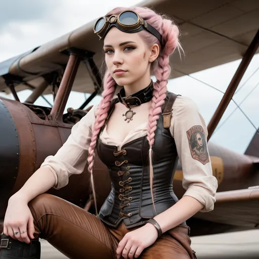 Prompt:  photograph of a WWI pilot sitting on the wing of her plane, an heroic girl in her late teens wearing a tight leather Victorian corset, tight brown latex pants, her face is dirty and her goggles are on her head, long pastel pink hair in braids, a gun in a holster on her hip, tattoos, skinny, narrow waist, long thin legs, realistic details, Photoreal, cinematic, steampunk, 
