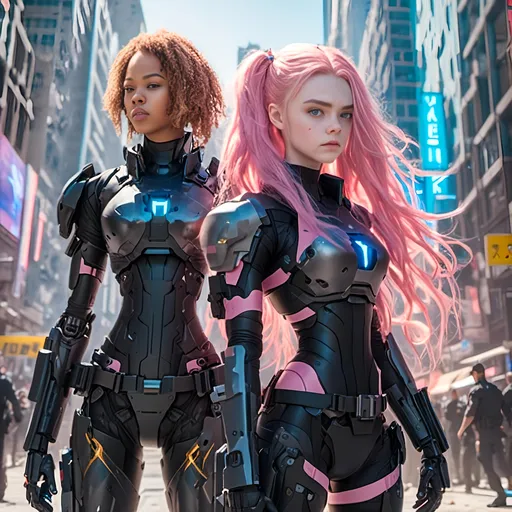 Prompt: <mymodel>

Full Body,

Elle Fanning and Phoebe Dynevor, standing together, long messy braided pastel pink hair, black armor, on the same police force, standing in a dystopian downtown city center,

Phtotoreal, cinematic, depth of field, lens flare, beautiful symmetrical face