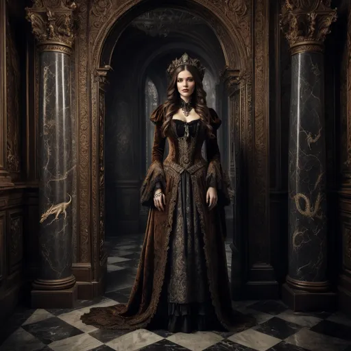 Prompt: (full-body) daguerreotype photograph 1850s of a female 18 year old witch standing with her dragon, Warhammer 40k noble in ornate well-appointed royal palace, dark moody atmospheric lighting, dark gothic fantasy architecture, highly detailed background, dark gritty tones, highly detailed, professional illustration, painted, art, painterly, impressionist brushwork, thick brown styled hair, full brown styled beard, ((piercing gray eyes)), dark rich wood, ornate columns, intricate marble flooring, high detailed background, professional, warhammer 40k imperium of man, wh40k, imperial palace, imperium of man aquila decoration, ornate posh royal noble clothes, dusty, scratched, archival, 