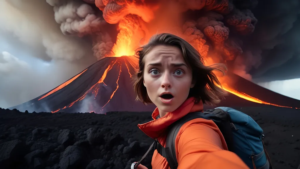 Prompt: 70mm IMAX film, cinematic, photoreal, ridiculous girl taking a dangerous selfie on the edge of an erupting volcano