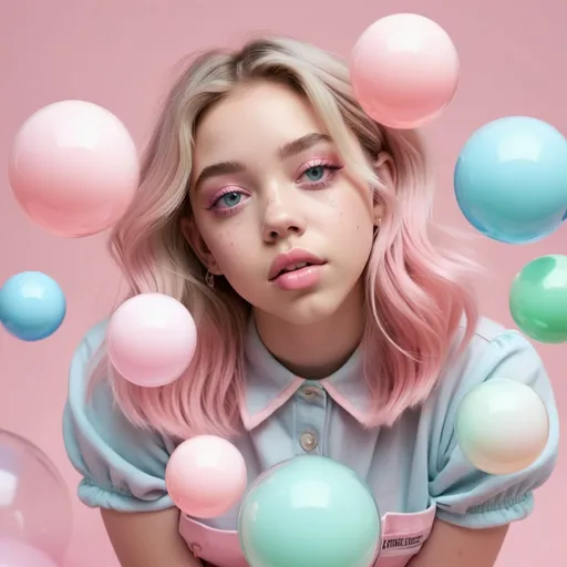 Prompt: Full body pastel girl looks like Sydney Sweeney, she is having pastel bubble gum dreams