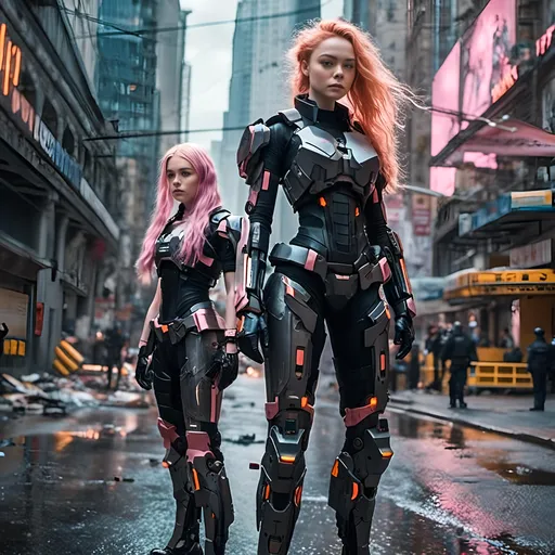 Prompt: <mymodel>

Full Body,

Elle Fanning and Phoebe Dynevor, standing together, long messy braided pastel pink hair, black armor, on the same police force, standing in a dystopian downtown city center,

Phtotoreal, cinematic, depth of field, lens flare, beautiful symmetrical face