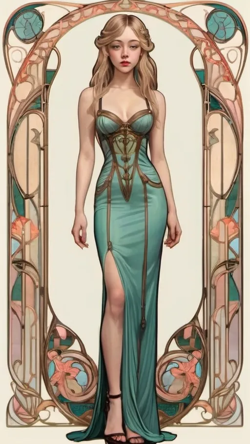 Prompt: (Full Body) petite woman in her 20s, she looks like Sydney Sweeney, Art Nouveau in the year 3030