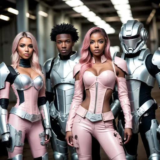 Prompt: full body, a heroic group of 5 young adults, 2 handsome men and 3 beautiful women, a diverse mix of races, they are all slim and fit, 

the women are wearing corset-inspired mecha armor and tight-fitting pastel pink leather pants, the men are wearing silver battle fatigues, they are all dirty, damage from battle, some cuts and bandages, 

photographic, photoreal, cinematic, depth of field, film camera, natural lighting,