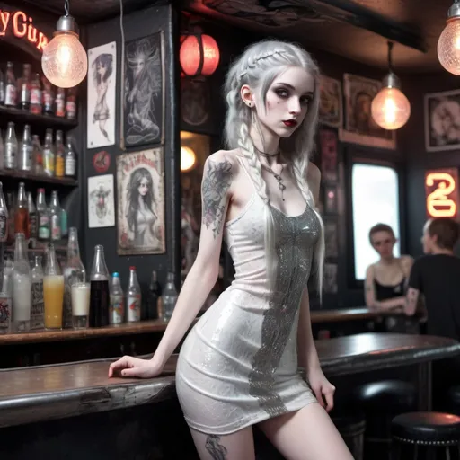 Prompt: Skinny art nouveau GOTHIC girl in her late teens, very skinny, petite, dainty, delicate, beautiful, pale milky white skin, Narrow waist, thigh gap, long legs, Tattoos all over her body, long gray hair in braids, tight short white sequined dress, at a punk rock dive bar, Photoreal and cinematic, 