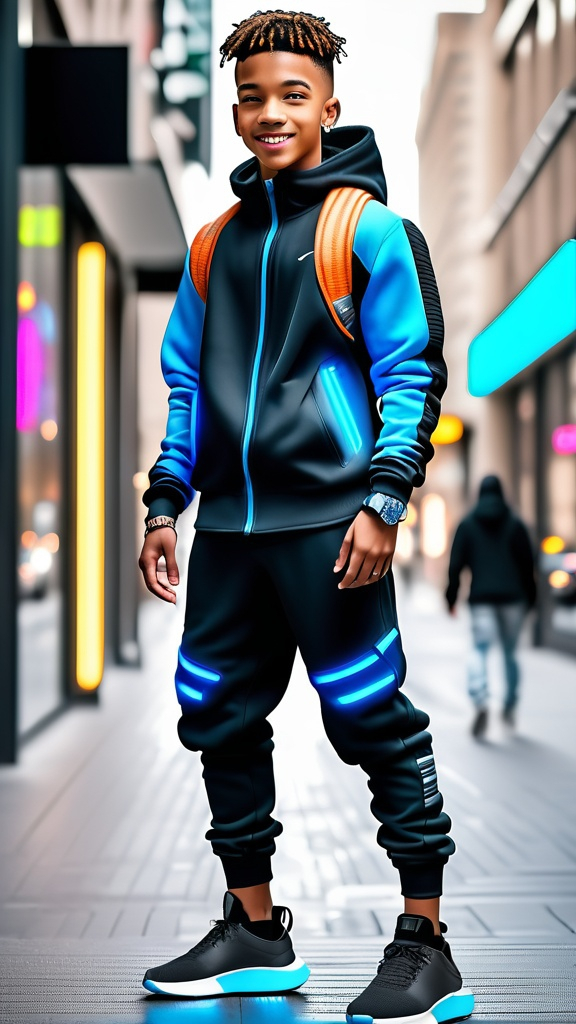 Prompt: Full body view of a happy teenage hacker from the future, 18 year old dude, African American, he looks like Mookie Betts, wearing futuristic street wear, fit physique, 12k, photorealistic, cinematic, natural lighting, natural beauty, 


