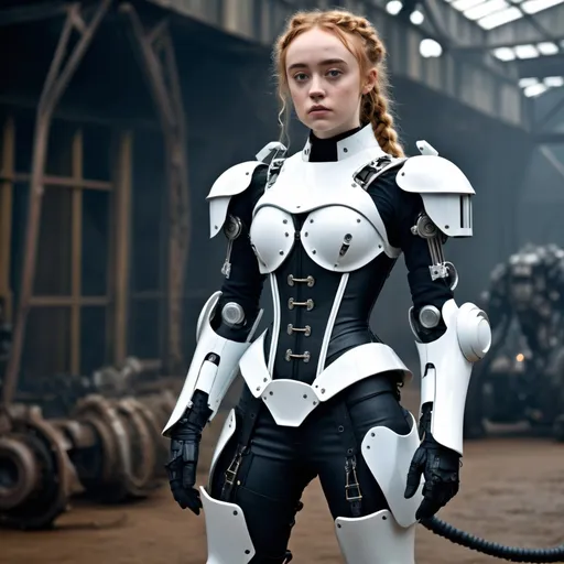 Prompt: (Full Body) Phoebe Dynevor in a mecha suit inspired by a Victorian Corset dress, very narrow waist, long messy white braided hair, combat boots,

photographic, photoreal, cinematic, 