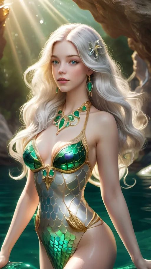 Prompt: (Full Body) mermaid that looks like Sydney Sweeney, Art Nouveau style,  mermaid with gold and emerald green scales on her tail with iridescent pearl white flippers, nautical sailor tattoos, beautiful gold jewelry, a slight smile, luminous skin, she is a siren and muse, long flowing white hair, pale gray eyes, natural light, soft elegant glowing radiant aura, professional realistic photography, realism exquisite detail, photograph, film, ring light, ethereal mood, cinematic, depth of field, lens flare, photograph,