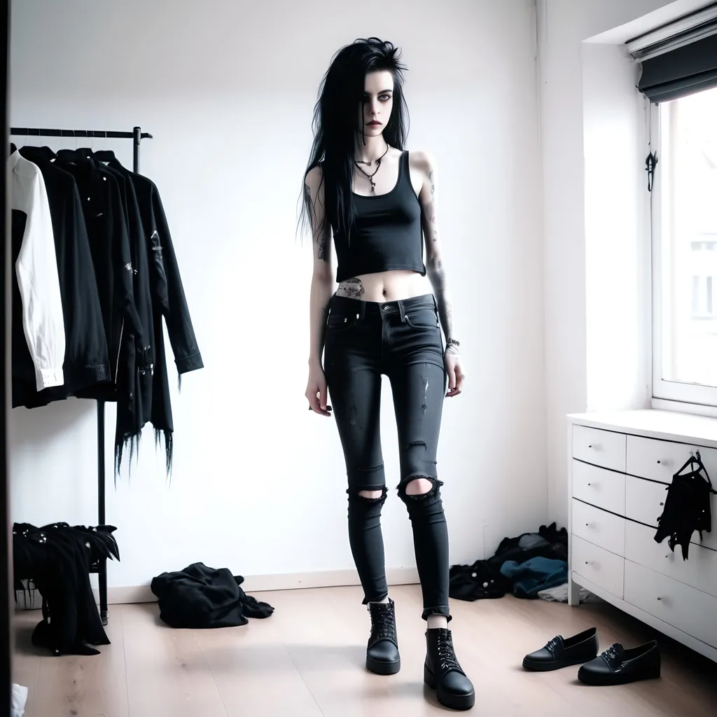 Prompt: Full body, Skinny Goth girl getting dressed in her bedroom. Pulling on jeans, trying on jeans, Real photograph, cinematic, natural light, 