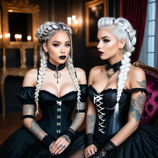 Prompt: Two beautiful women, mixed races, wearing black Victorian corset dresses, one girl is applying lipstick to the others lips, sitting confidently, messy white hair with braids, pale gray eyes, symmetrical face, slight freckles on face and slight imperfections on skin, tattoos, goth aesthetic, Bright eyes with highlights, professional lighting, highly detailed photo, long distance shot, in an ornate boudoir, dark and dim lighting, 

