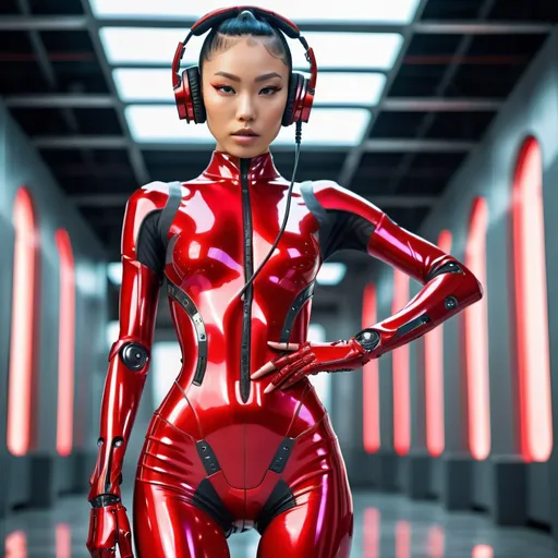 Prompt: {{{rina sawayama}}},

detailed body, wide thigh gap, futuristic tight red latex bodysuit, light armor, small streamlined futuristic headphones, flawless symmetrical human face, exposed forearms, forearm tattoos, one futuristic robotic arm, highly detailed face,  long legs, long torso,

whole body visible, head to toe in frame, full character visible, hyperrealism with hyperrealistic intricate details, cinematic, soft natural lighting, 128k UHD HDR HD, front view, professional photography, long shot, sharp focus, centered, symmetry, urban backdrop,

