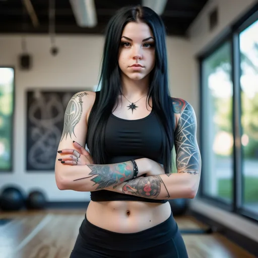 Prompt: Modern witch, 16 years old,

Attractive, beautiful, female,

Long black hair, thick thighs, 

Yoga or athletic clothes, tight fitting clothes, light colors, 

symmetrical, tattoos on arms, tattoos on thighs, 

Candid photography, not posed, Photoreal, 12k, detailed, soft light, depth of field, cinematic, 