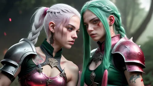 Prompt: Photoreal, full body, An epic battle. Beautiful Teenage girls with white hair in braids and pink armor, cut and bloody, tattoos, fighting red and green trolls with black hair. Cinematic, natural light, realistic, film, wide angle, wide aspect ratio, 12k