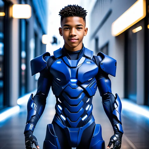 Prompt: Full body view of a happy teenage hacker from the future, 18 year old dude, African American, he looks like Mookie Betts, wearing futuristic dark blue mecha armor, fit physique, 12k, photorealistic, cinematic, natural lighting, natural beauty, 


