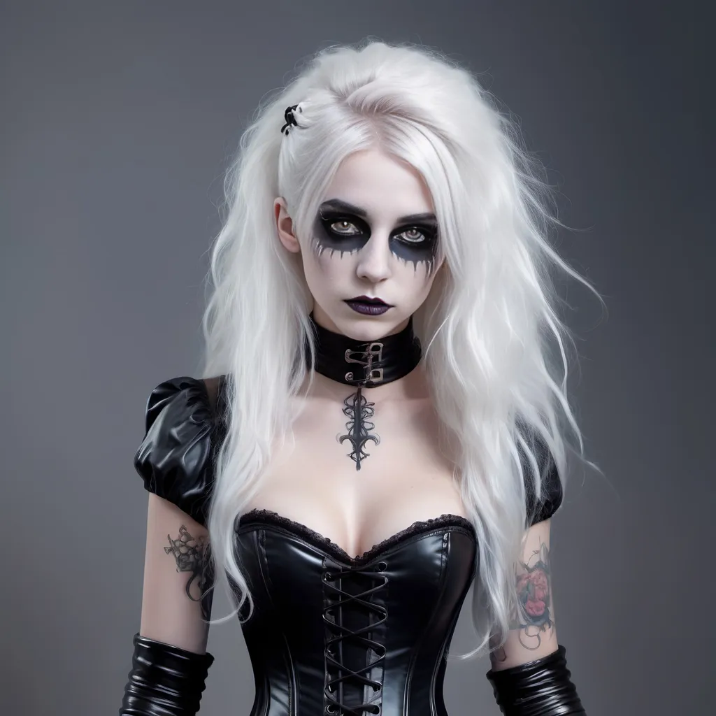 Prompt: Full body Girls in her late teens, black Victorian corset dressed and latex, long messy white hair, goth aesthetic, arm sleeve tattoos, neck and chest tattoos, dark glittery luminous corpse makeup, thin with a narrow waist, Portland Maine