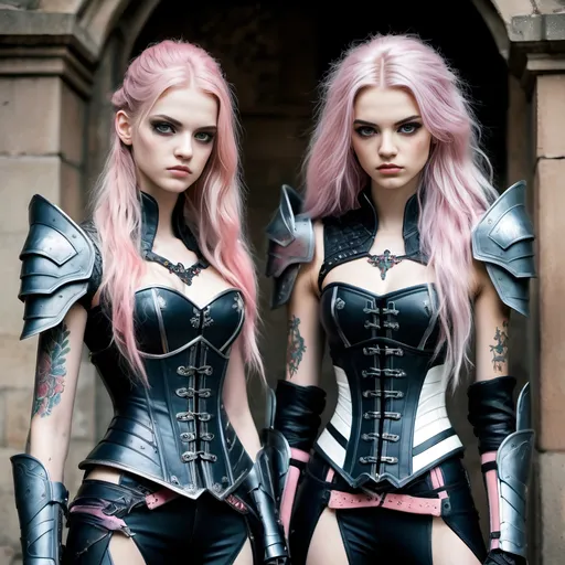 Prompt: <mymodel>

Full body, a group of beautiful mecha warriors, a stunning group of three girlfriends in their teens, in a dark European castle, they stand heroically in contrast to their dark black surroundings, they are dressed in tight pastel bubblegum corset-shaped mecha armor, skin-tight pastel latex pants, future mecha armor, combat boots, long messy hair is braided, a little dirty, some damage and scuffs from battle, some bandages and cuts and bruises, they are all very slim with a very narrow corset-trained waist, their legs are long and thin, hand tattoos, neck tattoos, thigh tattoos, prepared to save the village with their beautiful ornate swords, they are radiant, ready to defeat evil and the are exuding bubblegum joy!