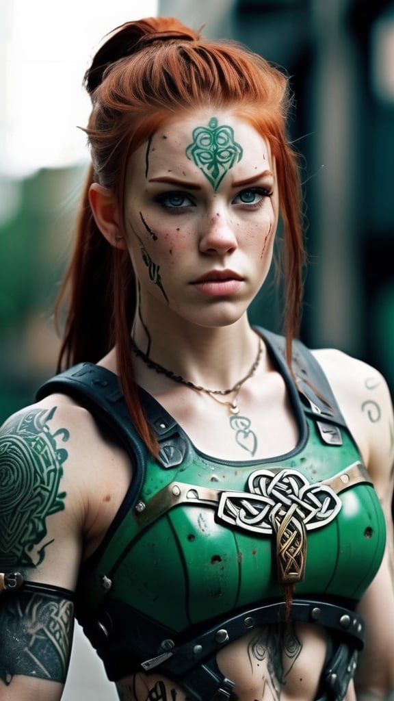 Prompt: android girl, fit, celtic tattoos, viking influence, muscular, defined muscles, muscle tone, strong, pouty lips, full lips, eye patch, long torso, very pale, beautiful human face, a lot of freckles on her body, mostly white armor with green decorative details, naturally red hair, very long hair with a ponytail, large green eyes, some mechanical physical features, mecha, arms at her side, standing with confidence, visible circuitry, wires, dirty, scuffs on armor, scars, cuts, tattoos, gold waist chain, imperfect, rough, healed surgical scars, some metal patches on the skin, cracks, tears, damage, 

dark city, post apocalyptic, gritty,

photographic, photoreal, candid style, highly detailed, 12k, film, cinematic, depth of field
