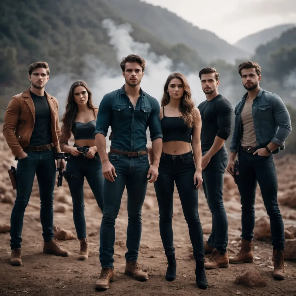 Prompt: full body, a heroic group of 5 young adults, handsome men and beautiful women,

photographic, photoreal, cinematic, depth of field, film camera, natural lighting,