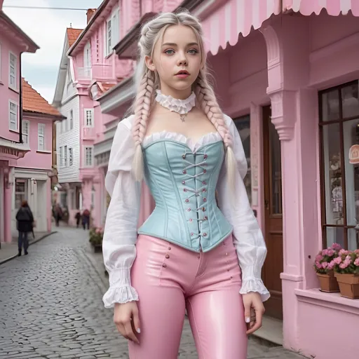 Prompt: Full body pastel girl looks like a young Sydney Sweeney, and is having pastel bubble gum dreams in an idyllic European pastel village, she is wearing a Victorian corset, pink latex pants, white combat boots, her long white hair is braided, she is is tall and slim and has pale gray eyes, her legs are long and thin, she is radiant and exuding bubblegum joy!