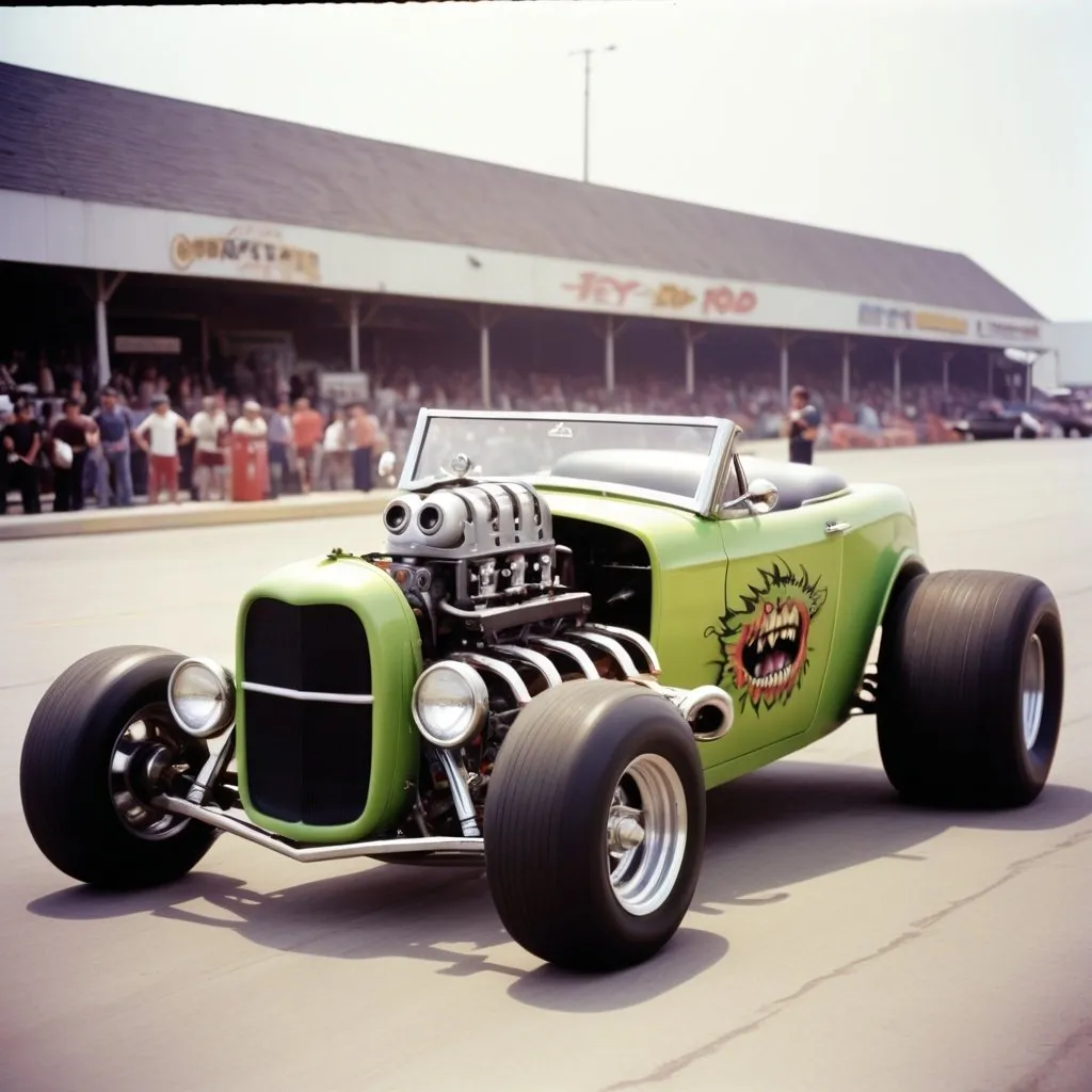 Prompt: Cinematic, 70mm film, Ed Roth monster hot rod