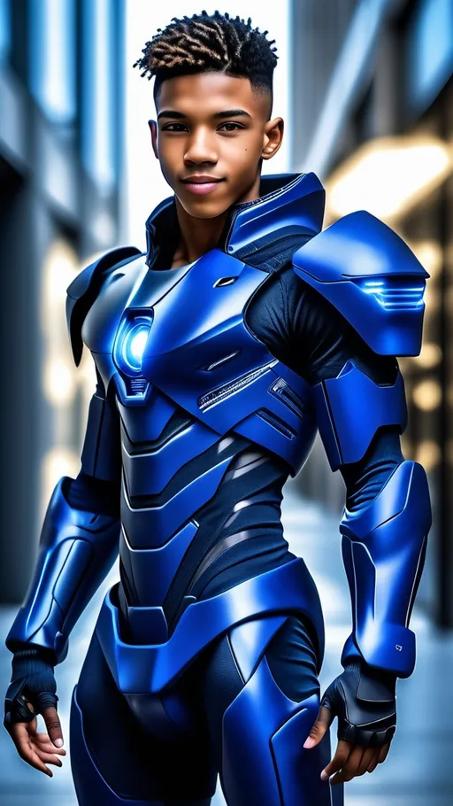 Prompt: Full body view of a happy teenage hacker from the future, 18 year old dude, African American, he looks like Mookie Betts, wearing futuristic dark blue mecha armor, fit physique, 12k, photorealistic, cinematic, natural lighting, natural beauty, 


