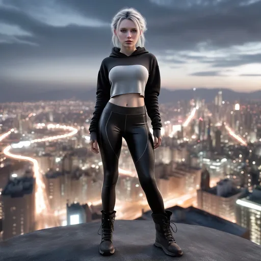 Prompt: full body view of a very slender 16 year old girl that has the appearance of Emily Browning, in this photoreal image, she is in a dystopian cityscape at night, but she is well lit and clearly visible against the city backdrop, her eyes are wide and round and pale gray, she has white hair and wears it in long thick braids, she wears yoga pants and a hoodie, she is standing heroically and facing the camera, her boots are clearly and entirely visible in the photo, amazing details in her face,  she has an angelic and ethereal aura, 12k, Photoreal, cinematic, natural beauty,

