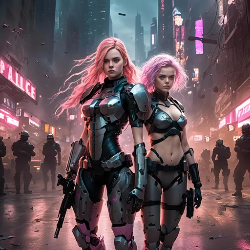 Prompt: <mymodel>

Full Body,

Elle Fanning and Phoebe Dynevor, standing together, long messy braided pastel pink hair, shiny glitter face makeup, pale gray eyes, black armor, bare midriff, on the same police force, standing in a dystopian downtown city center, neck tattoos, arm tattoos, hand tattoos, midriff tattoos, stomach tattoos, rib cage tattoos, gold waist chain, gold bracelets, 

Phtotoreal, cinematic, depth of field, lens flare, beautiful symmetrical face