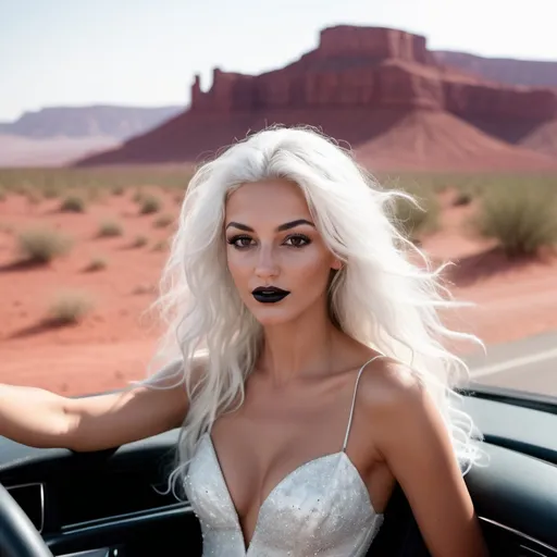 Prompt: Photorealistic tattooed girl driving a car, 18 years old, looks like a young Michelle Keegan, she is very skinny, death metal neck tattoos, she is a White Witch, she wears a white Alexander McQueen gown, long messy white colored hair with black streaks and highlights, black glitter lipstick, glitter body makeup, red eyeliner, glitter body makeup, red latex tears, photo from the passenger seat of a car she is driving, hair blowing in the wind, happy and smiling, photographic, 12k, cinematic, natural poses, candid poses, on a desert road, wide shot

