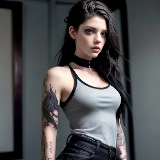 Prompt: photoreal full body, Girl 20 years old, pale gray eyes, skinny and fit, looks like young Ashley Greene, she is walking with a dragon, long messy black hair with braids, modern witch, latex pants, gothic aesthetic, arm sleeve tattoos, neck and chest tattoos, thigh tattoos, dimly lit room, casual, candid
