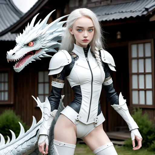 Prompt: Full body pastel white warrior for good, girl looks like a teenage Phoebe Dynevor, and is happily having pastel bubble gum dreams, in a dark European village she stands heroically with her white dragon in contrast to their dark black surroundings, she is wearing tight pastel latex with steampunk mecha armor, white combat boots, her long white hair is braided, she is is tall and slim with a very narrow waist and has pale gray eyes, her legs are long and thin, her thighs are slender, she has hand tattoos, she has neck tattoos, she is prepared to save the village, she is radiant and exuding bubblegum joy!