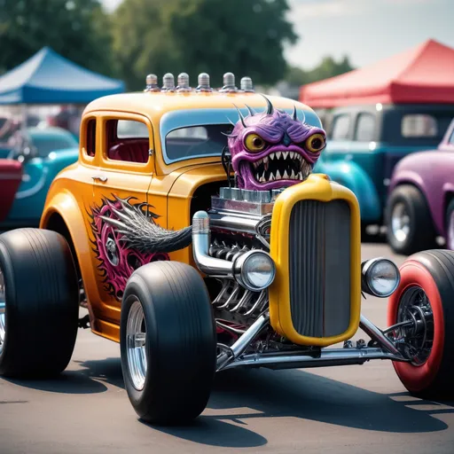 Prompt: Real life Monster hot rod inspired by an Ed Roth illustration, car show, 35mm photograph, sharp focus, intricate, highly detailed, hi res, 8k, hi res, 8k, cinematic composition 