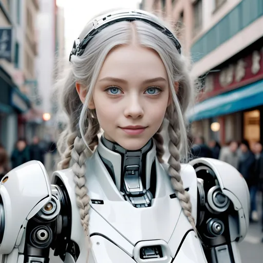 Prompt: Skinny girl, sheer delicate mecha suit, boots, eyes open, happy and smiling, late teens, milky pale white skin, petite, slim, delicate, beautiful, dainty, Narrow waist, long skinny legs, pale gray eyes, pastel makeup, Tattoos, long pastel hair in braids, in the cockpit operating a large battle robot, real life, photograph, Photoreal and cinematic, candid, natural, perfect symmetrical face, art nouveau city 