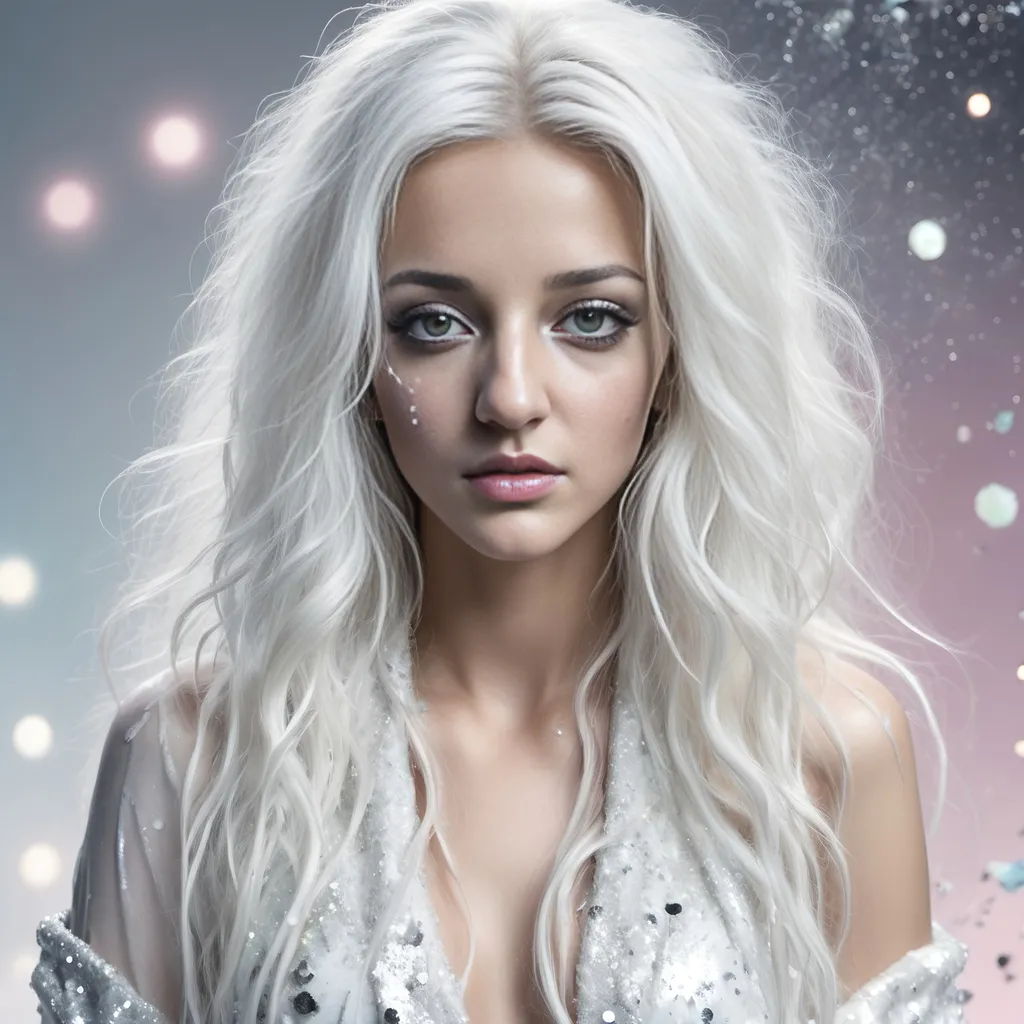 Prompt: Photorealistic (full body) girl in her late teens, looks like Michelle Keegan,  her body is covered in death metal tattoos, she is a White Witch, she is dressed in modern expensive white designer clothes, long messy pastel colored hair with black and white highlights, glitter makeup, white tears on her face