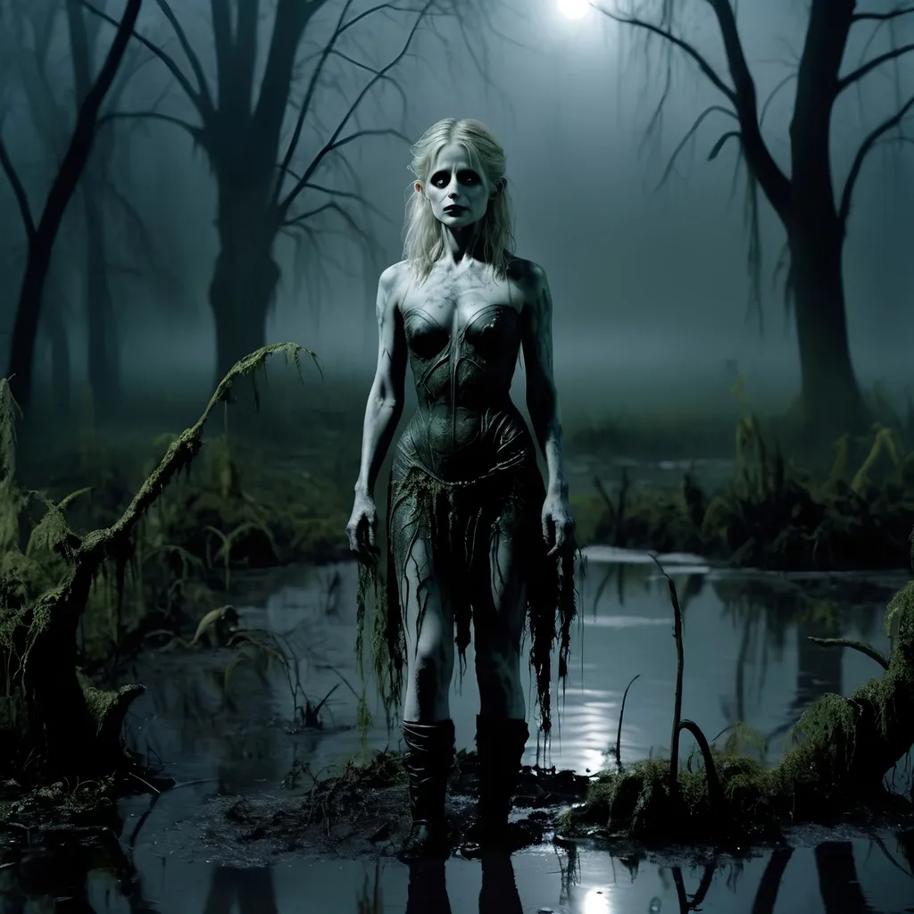 Prompt: (FULL BODY) Young Sarah Michelle Gellar as a swamp thing, pale gray eyes, milky white pale skin, long skinny legs, goth aesthetic, tattoos, standing in a swamp at night, fog, 
 
Photographic, cinematic, film camera, realistic 


