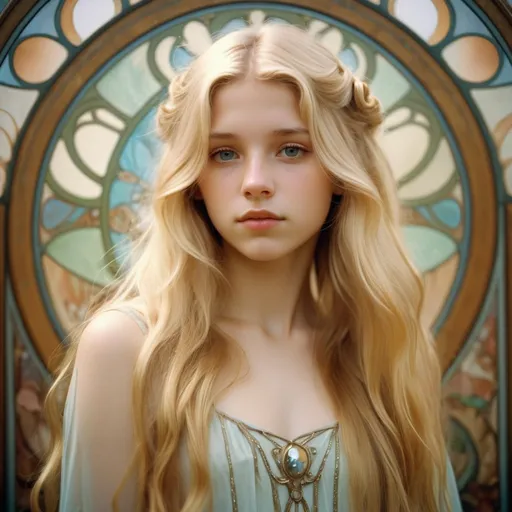 Prompt: Cinematic, 70mm film, beautiful teenage girl with long shiny blonde hair and a glistening dewy complexion, in the style of an Alphonse Mucha art nouveau painting. 