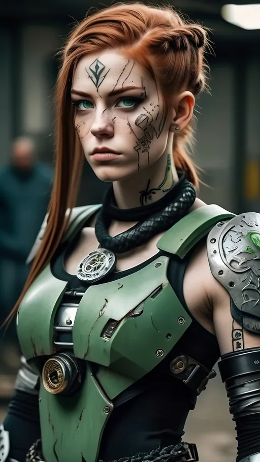 Prompt: android, cyborg, mecha, girl, fit, celtic tattoos, viking influence, muscular, defined muscles, muscle tone, strong, pouty lips, full lips, eye patch, long torso, slim waist, very pale, beautiful human face, a lot of freckles on her body, white armor, green accents, naturally red hair, very long hair with two waist-length braids, large round green eyes, some mechanical physical features, arms at her side, standing with confidence, visible circuitry, wires, dirty, scuffs on armor, scars, cuts, tattoos, gold waist chain, imperfect, rough, healed surgical scars, some metal patches on the skin, cracks, tears, damage, 

dark city, post apocalyptic, gritty,

photographic, photoreal, candid style, highly detailed, 12k, film, cinematic, depth of field, full body, head to toe