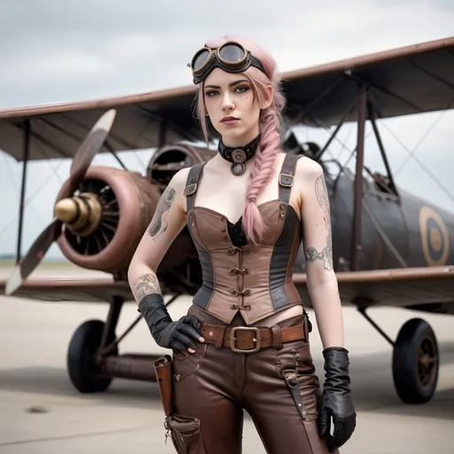Prompt:  photograph of a WWI pilot standing in front of her plane, an heroic girl in her late teens wearing a tight leather Victorian corset, right brown leather pants, her face is dirty and her goggles are on her head, long pastel pink hair in braids, a gun in a holster on her hip, tattoos, skinny, narrow waist, long thin legs, realistic details, Photoreal, cinematic, steampunk, 
