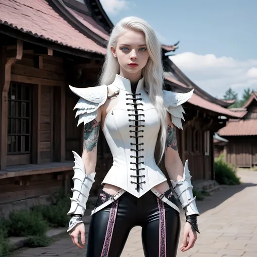 Prompt: Full body pastel white warrior for good, girl looks like a teenage Sydney Sweeney, happily having pastel bubble gum dreams, in a dark European village she stands heroically with her white dragon in contrast to their dark black surroundings, she is wearing a tight pastel bubblegum latex armored corset with skin-tight steampunk mecha armor, white combat boots, her long white hair is braided, she is is tall and slim with a very narrow waist and has pale gray eyes, her legs are long and thin, her thighs are slender, she has hand tattoos, she has neck tattoos, she is prepared to save the village, she is radiant and exuding bubblegum joy!