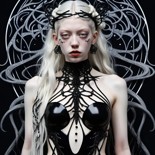 Prompt: real life full body photograph, Hunter Schafer is a barefoot beautiful Angel of Death, Queen of Chaos, Princess of Darkness, Destroyer of Worlds, black nails and lips, breathtakingly beautiful symmetrical  face with black glitter makeup, windblown messy long white hair in braids, skinny with a very narrow waist, chaotic black tattoos, milky white pale skin, glossy black vinyl art nouveau unitard, beautifully chaotic jewelry, Photo Realistic, RAW, artstation, splash style of dark fractal paint, contour, hyper detailed, intricately detailed, fantastical, intricate detail, dark demonic atmosphere, 8k resolution, Ultra realistic, hi res, UHD, 12k, 