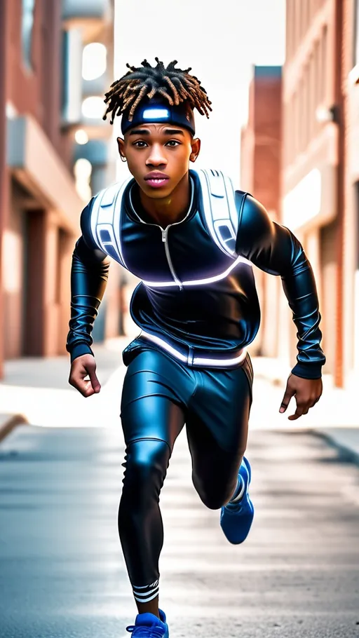 Prompt: teenage hacker from the future, 18 year old dude, African American, he looks like Mookie Betts, wearing futuristic street wear, fit physique, surprised and running toward the camera, 12k, photorealistic, cinematic, natural lighting, natural beauty, 


