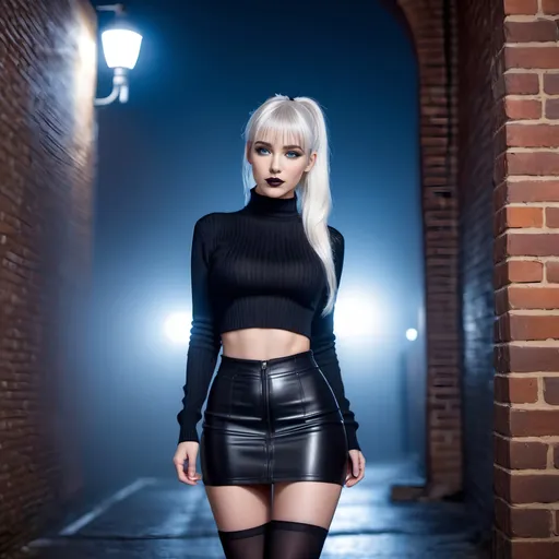 Prompt: Full body, A beautiful woman, wearing a black high collar crop v-sweater, standing confidently, white hair with a ponytail and bangs, deep blue eyes, long latex tube skirt, perfect face, perfect hair, symmetrical face, slight freckles on face and slight imperfections on skin, stockings and boots, tattoos and a goth aesthetic, Bright eyes with highlights, professional lighting, highly detailed photo, (((full body image))), long distance shot, in a dark alley at night, fog