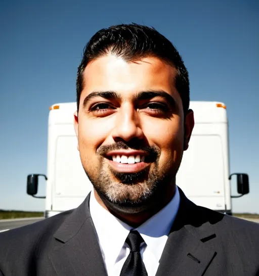 Prompt: Need a realistic image of my boss  dressed like a businessman and he should be sitting on top of the middle section of a large cargo truck like a boss. The truck is a modern semi-trailer, white in color with a clean surface, parked on a highway with a clear blue sky in the background. 
