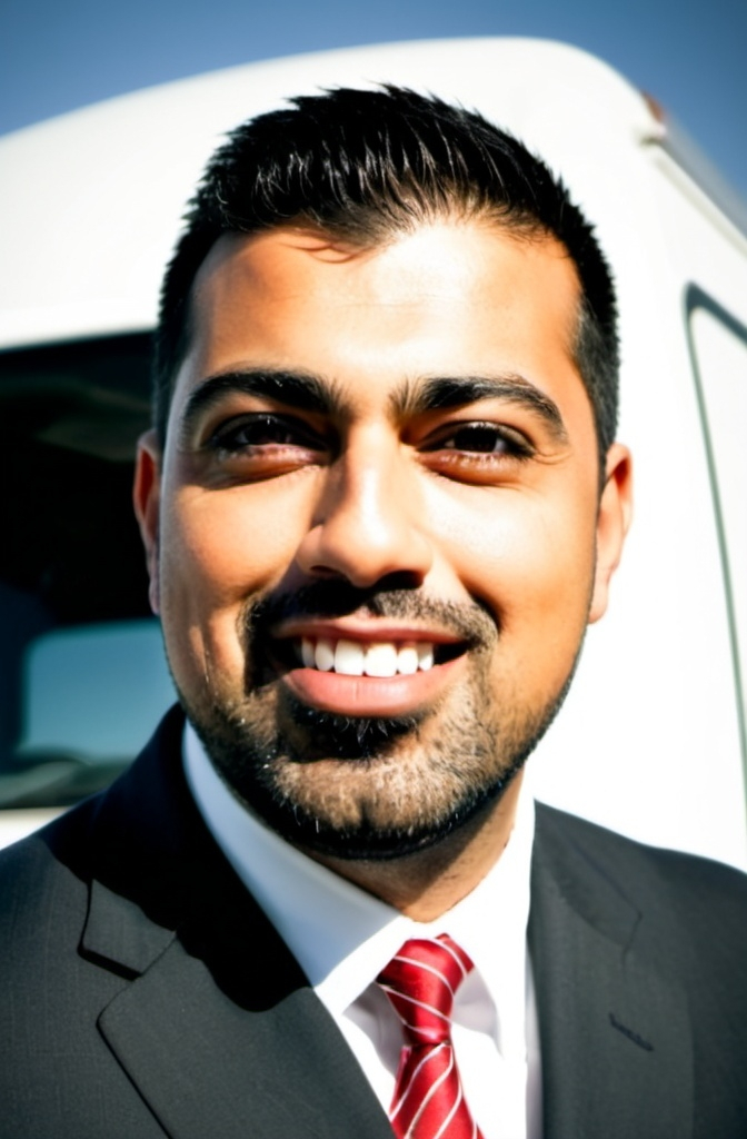 Prompt: Need a realistic image of my boss  dressed like a businessman and uploading his picture for reference, output should be he should be sitting on top of the middle section of a large cargo truck like a boss. The truck is a modern semi-trailer, white in color with a clean surface, parked on a highway with a clear blue sky in the background. 