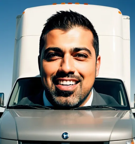 Prompt: Need a realistic image of my boss  dressed like a businessman and he should be sitting on top of the middle section of a large cargo truck like a boss. The truck is a modern semi-trailer, white in color with a clean surface, parked on a highway with a clear blue sky in the background. 