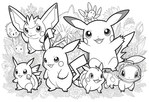 Prompt: B&W coloring page, flat minimal line vector design, clean outlines, versatile for coloring, white background, designed for creativity, detailed, perfect for all ages, encourages imagination, high resolution, effortlessly fun, wide variety of different pokemon

