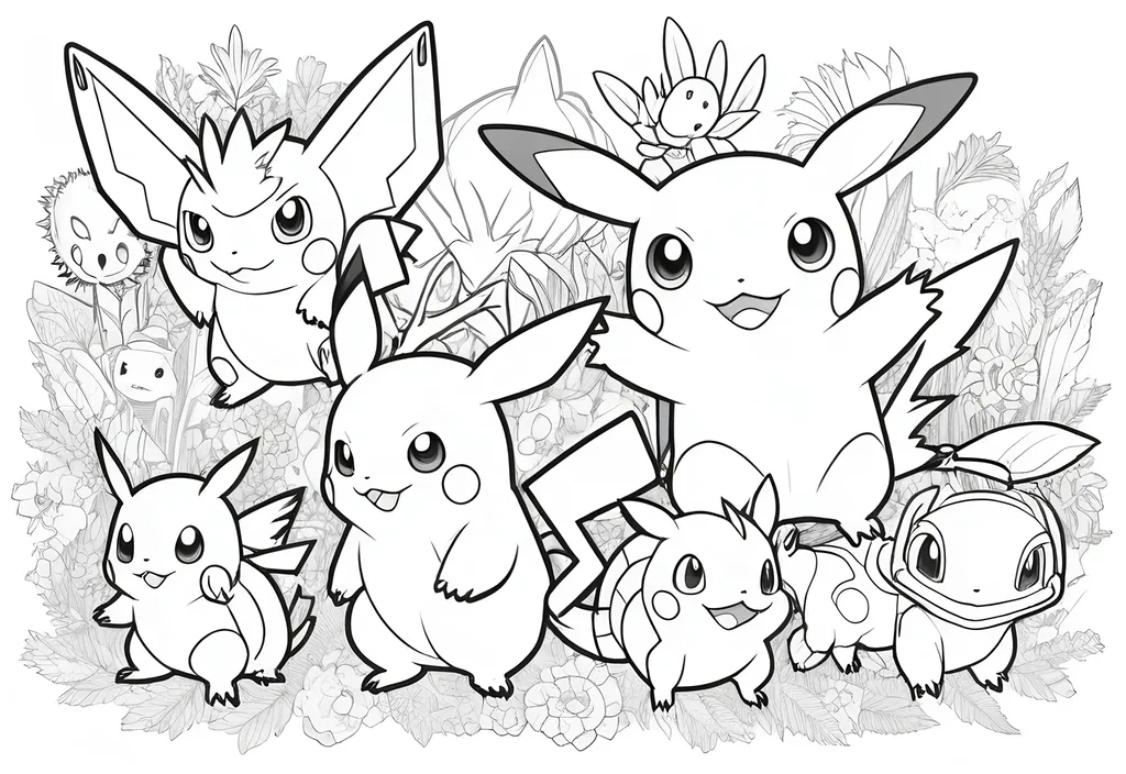 Prompt: B&W coloring page, flat minimal line vector design, clean outlines, versatile for coloring, white background, designed for creativity, detailed, perfect for all ages, encourages imagination, high resolution, effortlessly fun, wide variety of different pokemon

