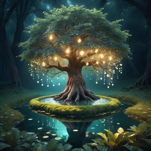 Prompt: Magical Tree growing magical fruit, Fantasy aesthetic, magical tree, magical fruit, forest clearing, ambient lighting, high resolution, high quality, magical forest scenery, surrounded by a small pond of crystal clear water, scenic image, evening lighting, beautiful background