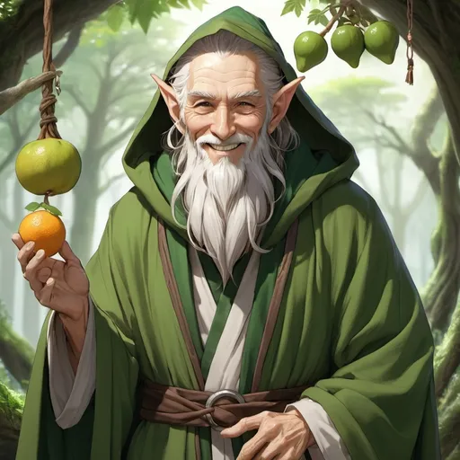 Prompt: Fantasy Anime Druid, Old man, elf, long white beard, kind smile, wrinkled skin, fantasy aesthetic, anime aesthetic, green cloak, fruits and vials hanging from inside his robe, brown robe, Druid, Elf, Pointy Ears, high quality, high definition